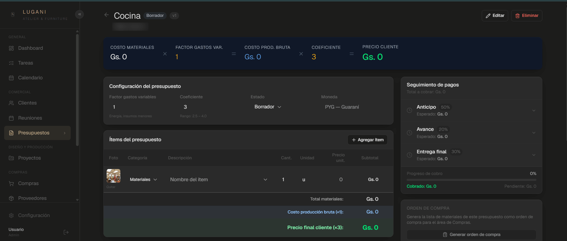 Quote with material cost, markup, client price and payment tracking.