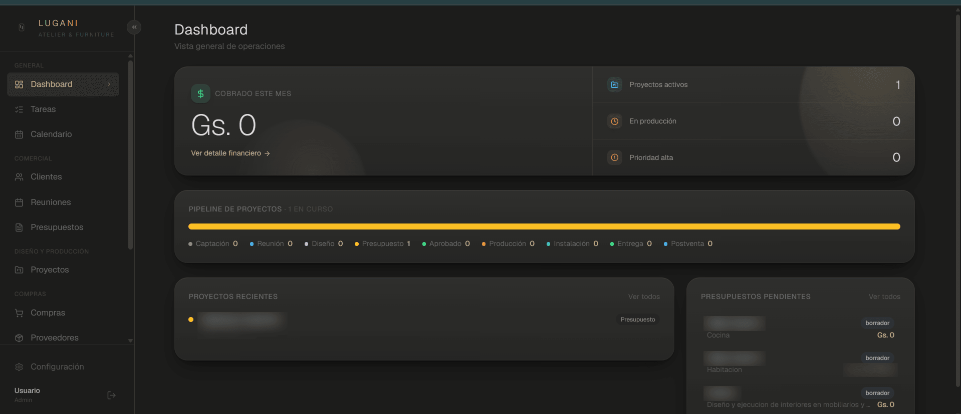 Dashboard with the month's revenue, pipeline by stage and pending quotes.