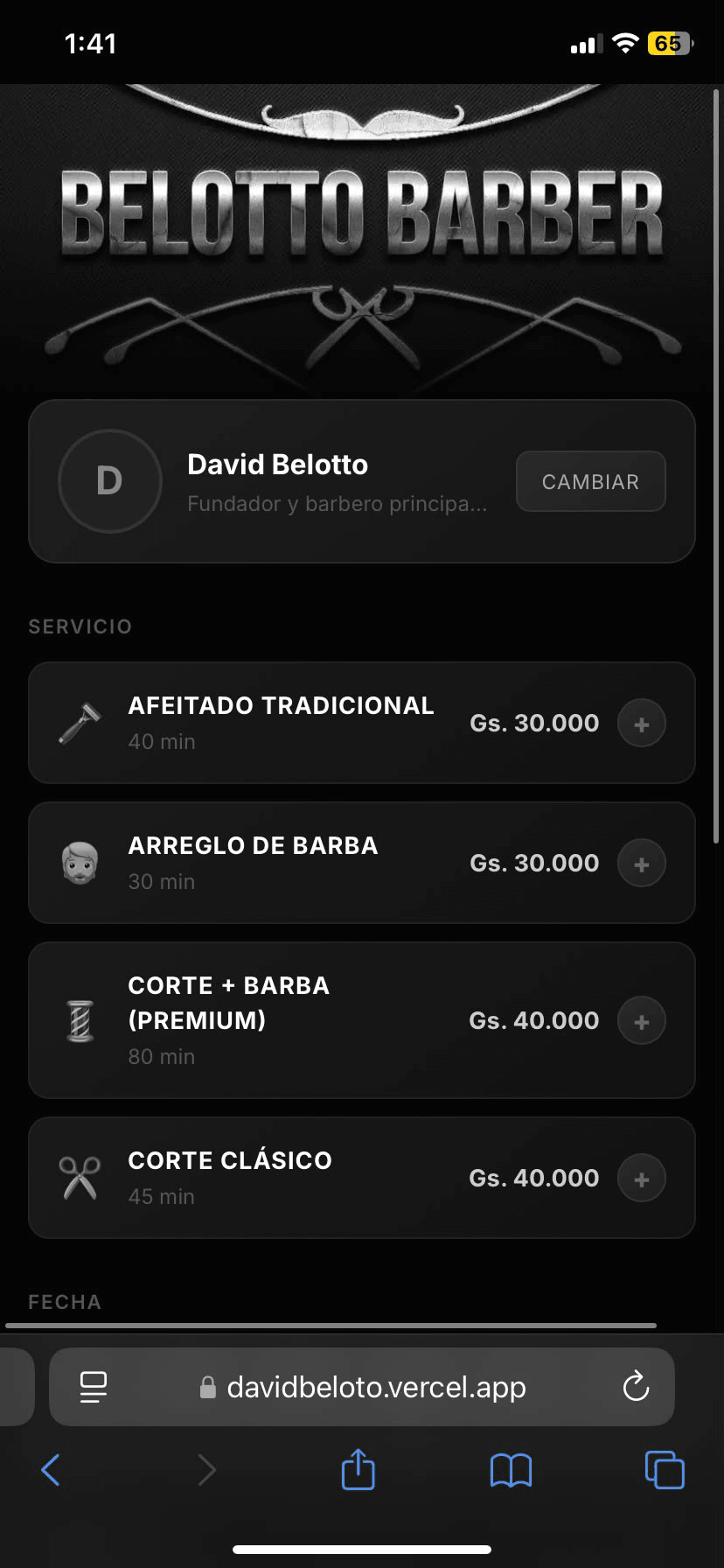 Reserva desde el celular: el cliente elige barbero, servicio con su duración y precio, y fecha.