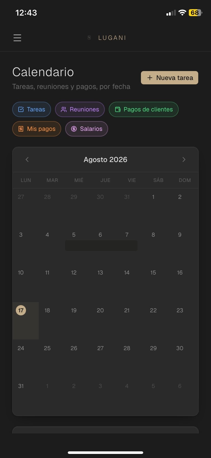 Calendario con tareas, reuniones, cobros y salarios en una sola vista.