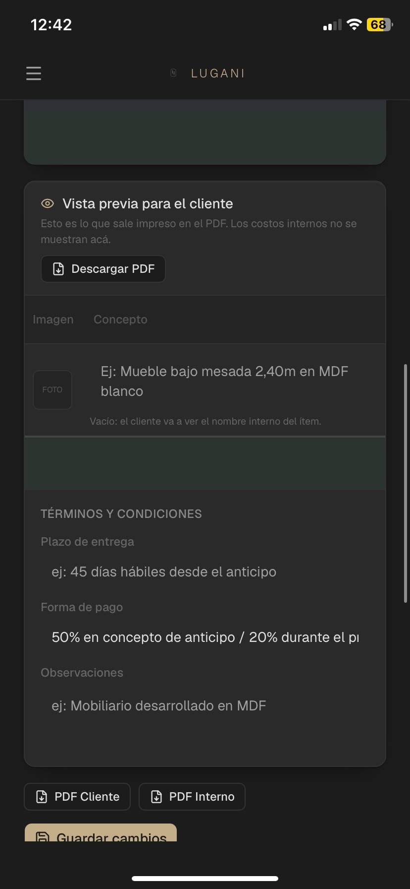 Vista previa del presupuesto tal como lo recibe el cliente, sin costos internos.