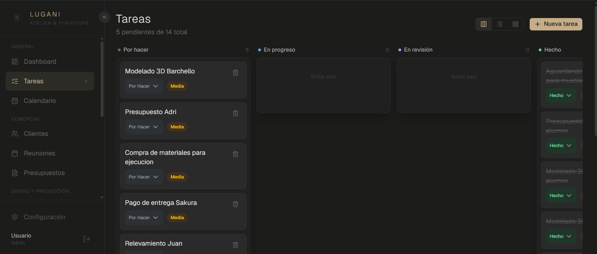 Tablero de tareas por estado, para seguir el trabajo de diseño y producción sin perder el hilo.