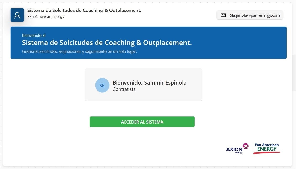Ingreso al sistema, con la identidad del colaborador reconocida desde el entorno corporativo.
