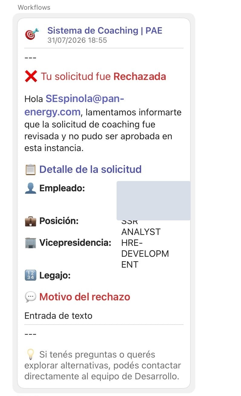 Notificación de rechazo con el motivo indicado por el equipo.