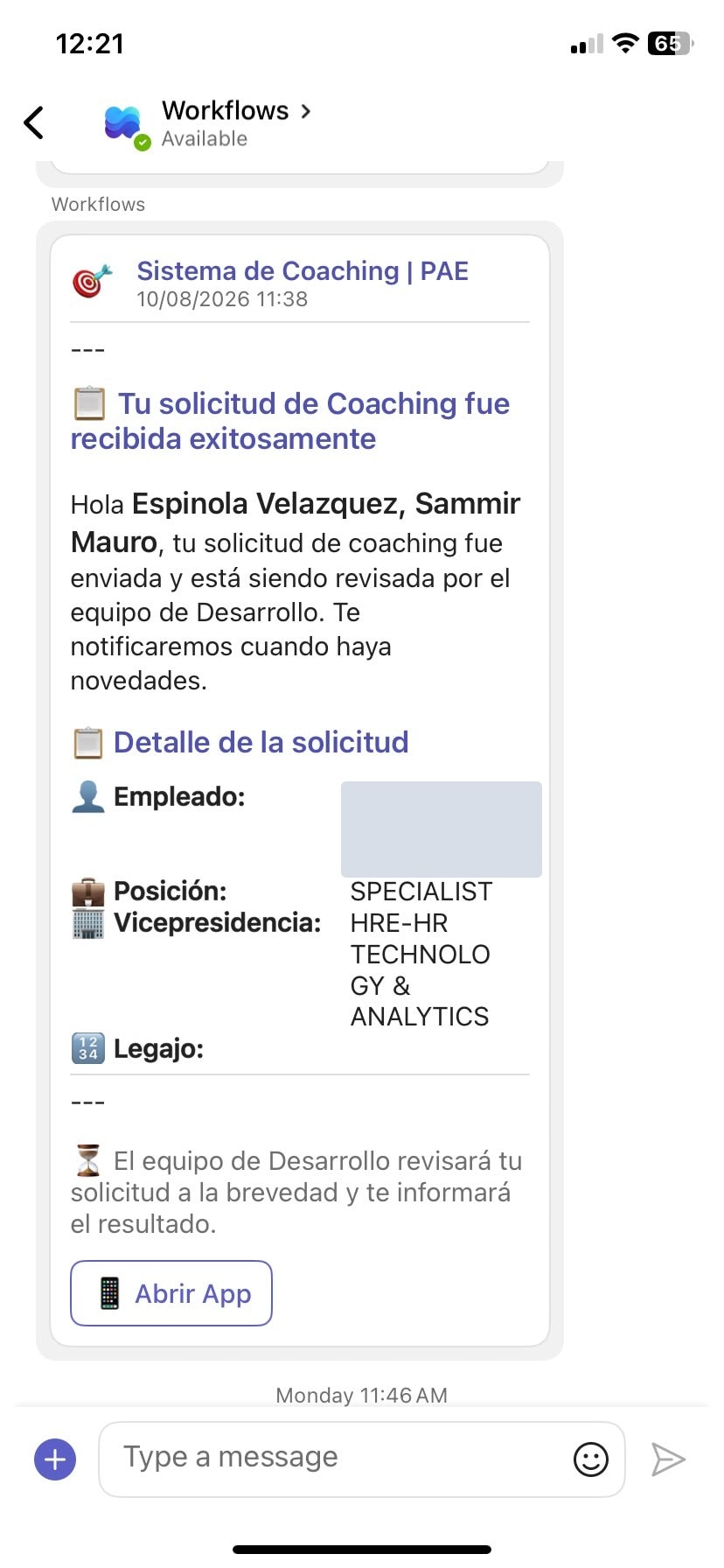 Notificación automática de solicitud recibida.