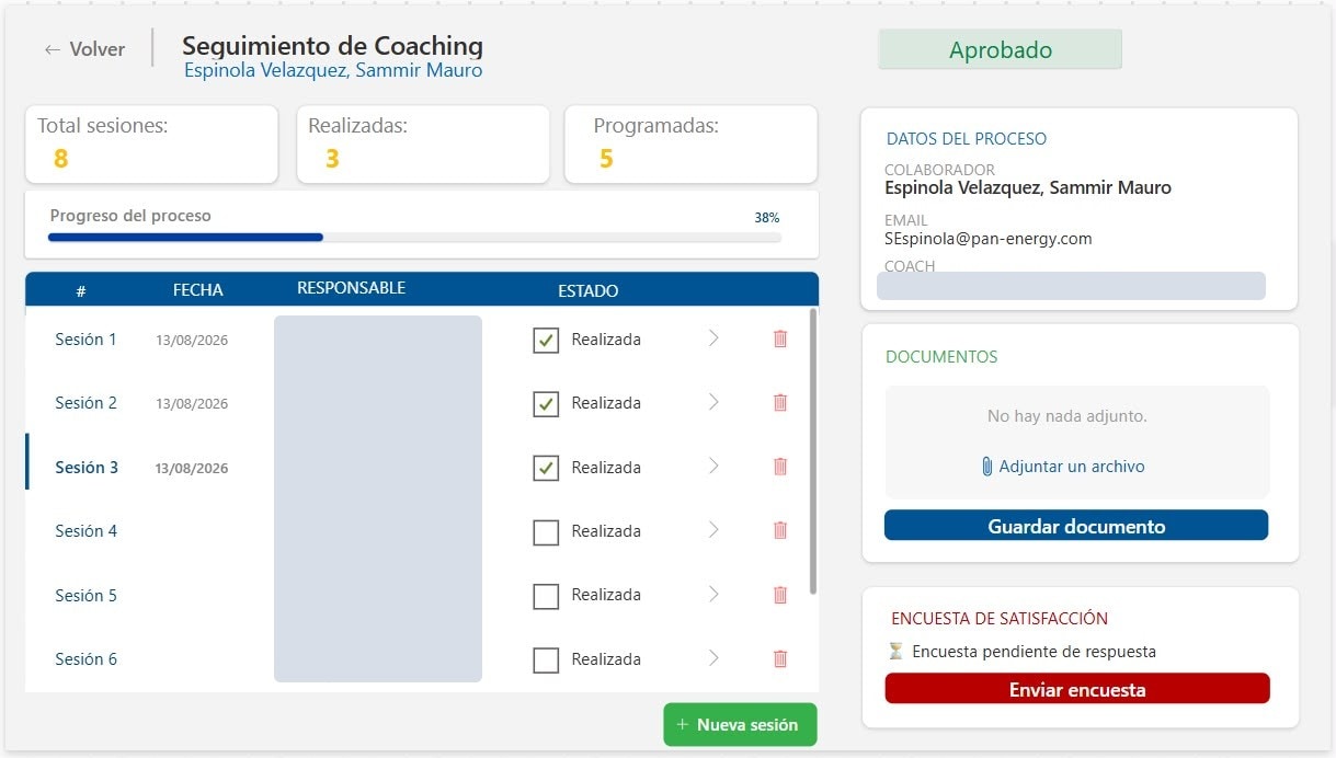 Seguimiento de sesiones con avance del proceso y carga de documentos.