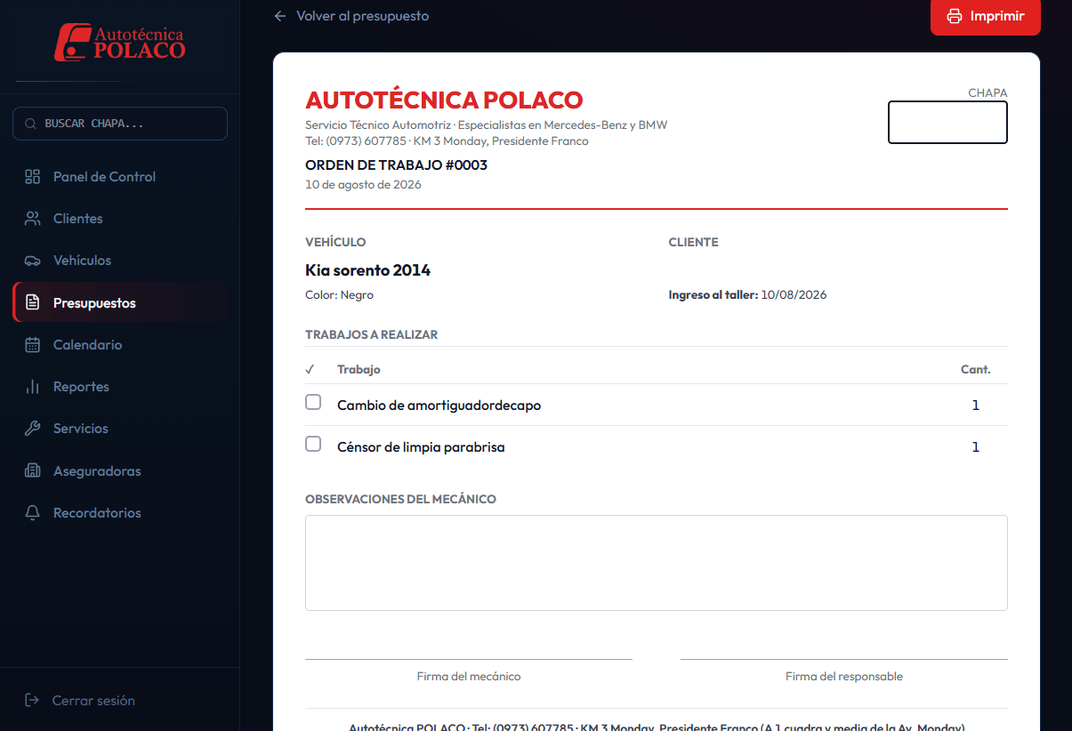 Orden de trabajo lista para imprimir, con los trabajos a realizar y espacio para firmas.