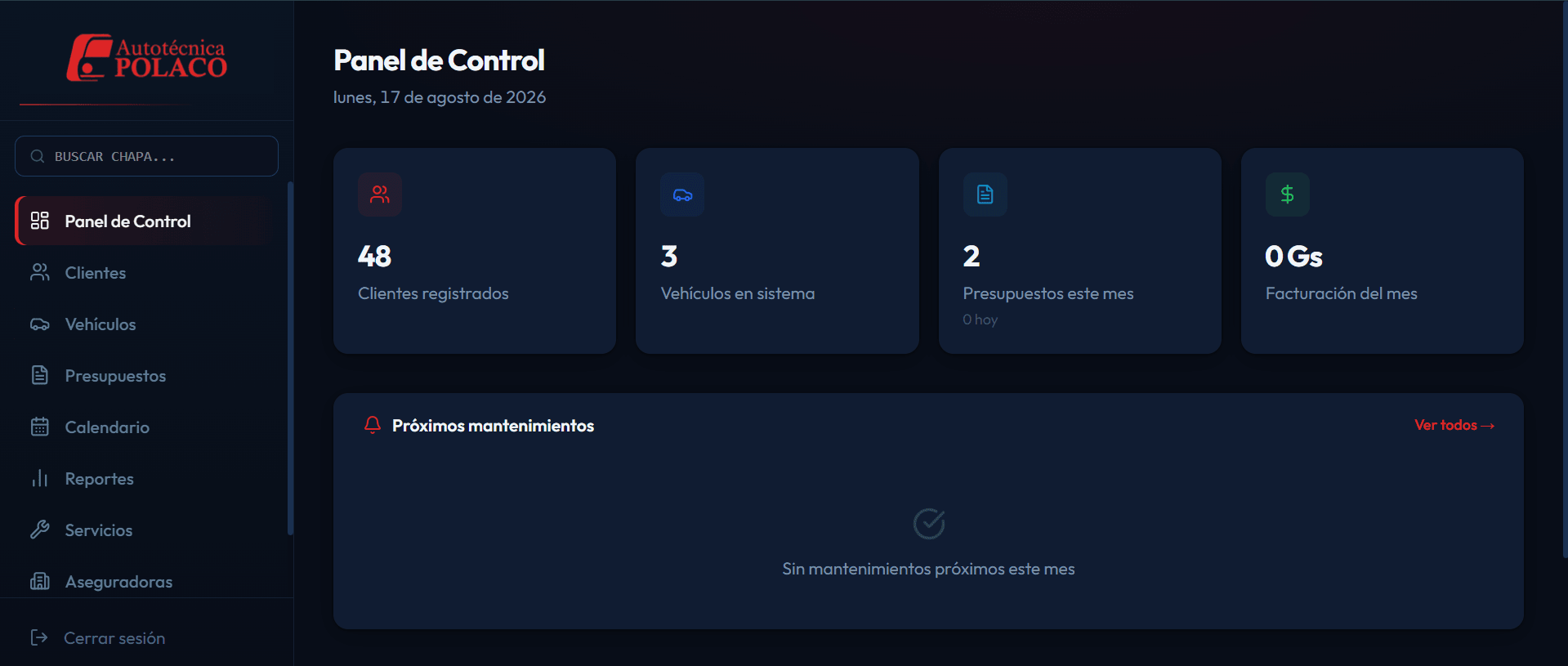 Panel de control con clientes, vehículos, presupuestos del mes y próximos mantenimientos.
