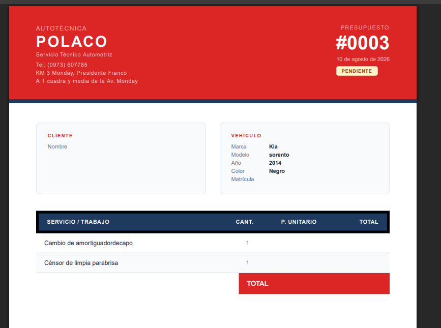 Presupuesto con la marca del taller, listo para entregar al cliente.