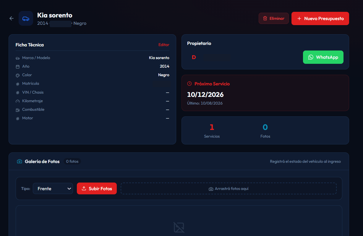 Ficha técnica del vehículo, con próximo servicio y galería para registrar su estado al ingreso.